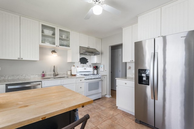 kitchen with glass insert cabinets, a sink, white cabinetry, under cabinet range hood, and appliances with stainless steel finishes