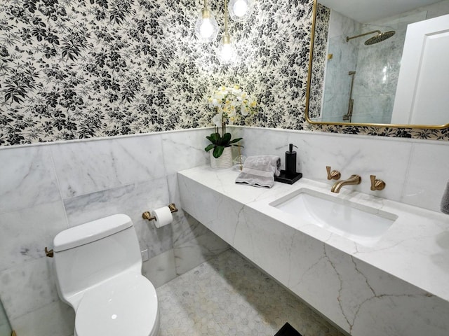 8 Wyndham Ct, Oak Brook, IL 60523 - full bathroom with wallpapered walls, tiled shower, toilet, tile walls, and vanity
