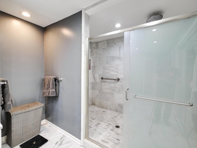 8 Wyndham Ct, Oak Brook, IL 60523 - full bath with marble finish flooring, a stall shower, recessed lighting, and baseboards