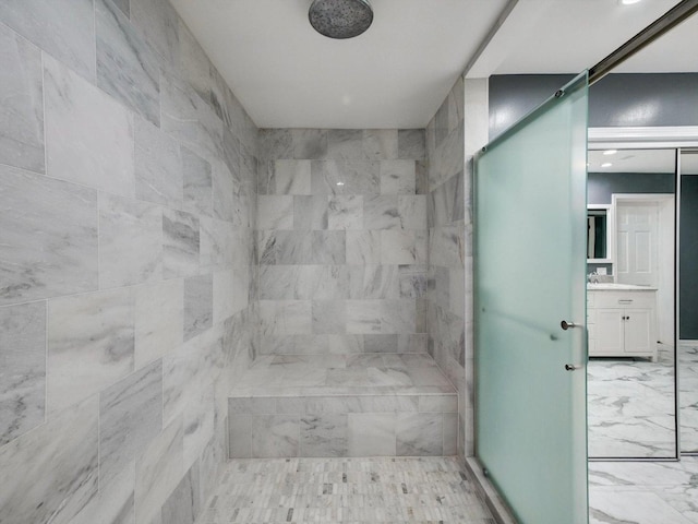 8 Wyndham Ct, Oak Brook, IL 60523 - full bathroom with marble finish floors, tiled shower, and vanity