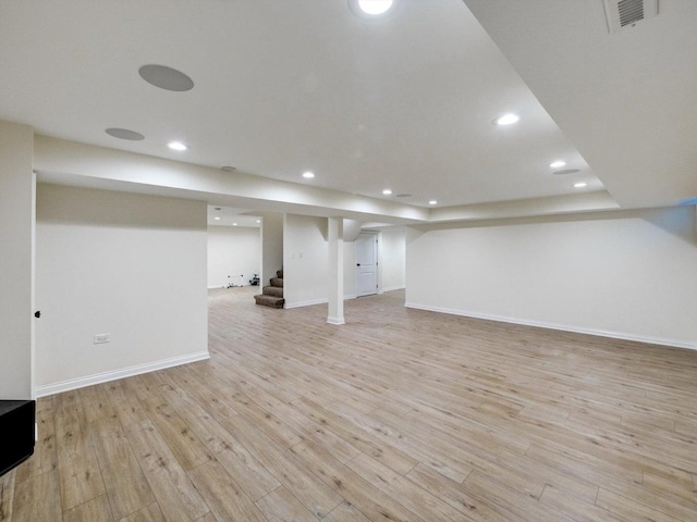 8 Wyndham Ct, Oak Brook, IL 60523 - finished below grade area featuring light wood-style floors, stairway, recessed lighting, and baseboards