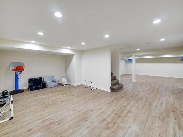 8 Wyndham Ct, Oak Brook, IL 60523 - finished below grade area featuring wood finished floors, recessed lighting, stairs, and baseboards