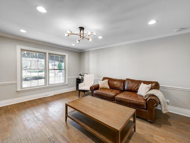 8 Wyndham Ct, Oak Brook, IL 60523 - living room with crown molding, baseboards, a chandelier, wood finished floors, and recessed lighting