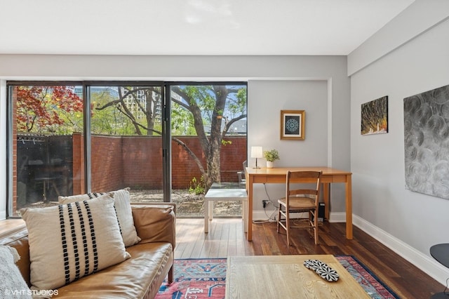 office area featuring wood finished floors, healthy amount of natural light, and baseboards