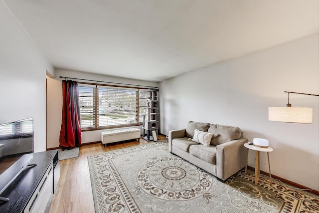 living area with baseboards and wood finished floors