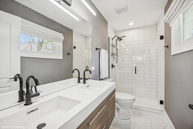 1232 Blackthorn Ln, Deerfield, IL 60015 - full bathroom with marble look tiles, a stall shower, toilet, baseboards, and double vanity