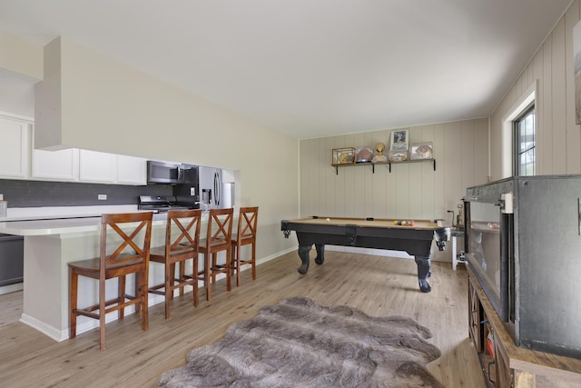 rec room with light wood-type flooring, pool table, and baseboards