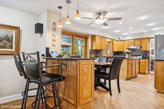 kitchen featuring a peninsula, under cabinet range hood, tasteful backsplash, and dark countertops