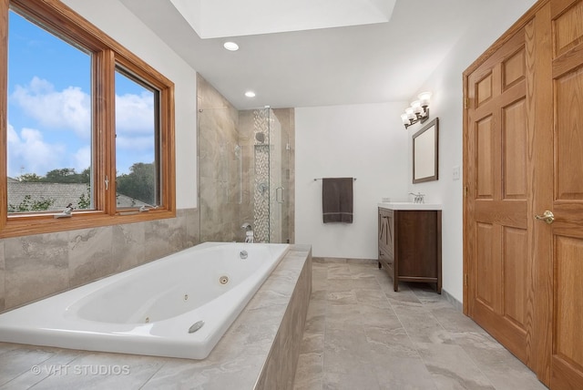 13030 S 85th Ave, Palos Park, IL 60464 - bathroom with a stall shower, vanity, a whirlpool tub, recessed lighting, and marble finish floors