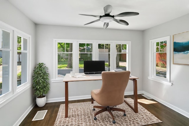 office space featuring dark wood-style flooring, plenty of natural light, and baseboards