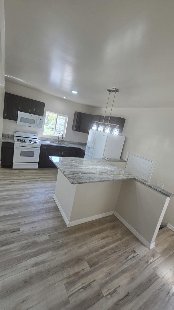 301 N W Ave, Kankakee, IL 60901 - kitchen with white appliances, dark cabinets, light stone counters, light wood-style floors, and a peninsula