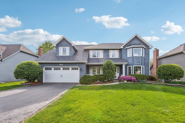 view of front of home featuring asphalt driveway, a front yard, a garage, and a shingled roof