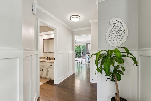 hall with ornamental molding, dark wood-type flooring, wainscoting, a decorative wall, and a sink