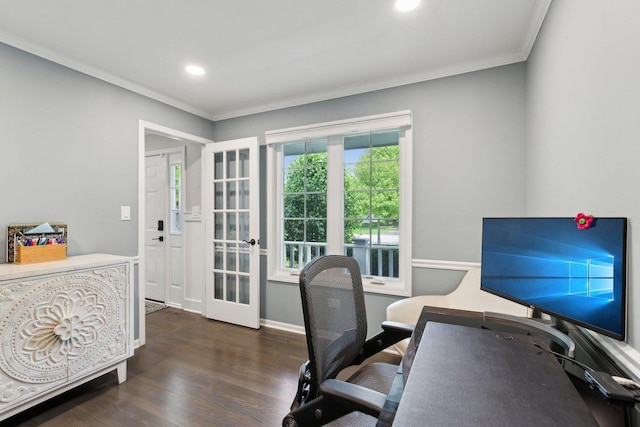 home office featuring crown molding, wood finished floors, french doors, recessed lighting, and baseboards