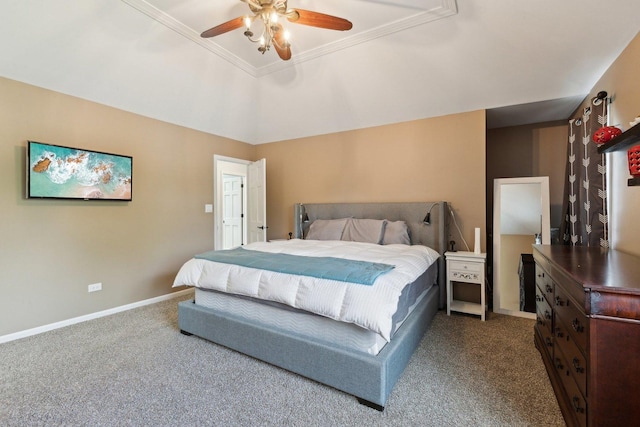 bedroom with carpet flooring, baseboards, a ceiling fan, and crown molding