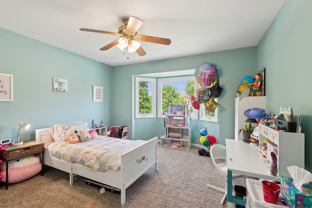 bedroom featuring carpet flooring and ceiling fan