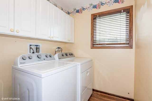 1270 Chattanooga Trl, Carol Stream, IL 60188 - laundry room featuring separate washer and dryer, cabinet space, dark wood-type flooring, and baseboards