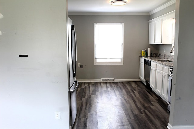 4627 Custer Ave, Lyons, IL 60534 - kitchen with dishwasher, dark wood-type flooring, white cabinets, crown molding, and a sink