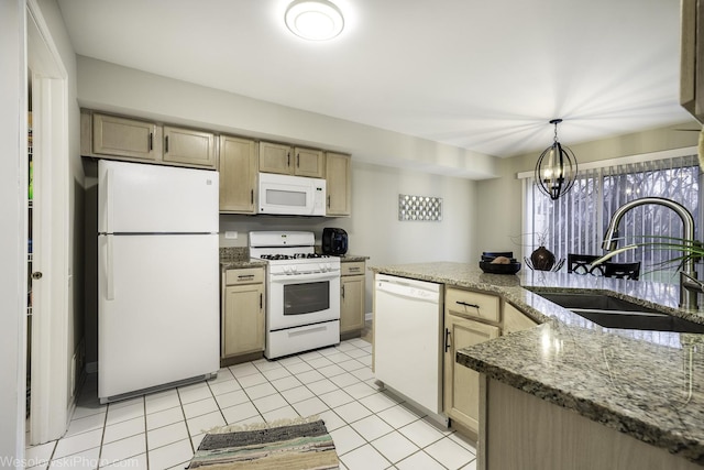 434 Locksley Dr, Streamwood, IL 60107 - kitchen with an inviting chandelier, a sink, white appliances, stone countertops, and decorative light fixtures