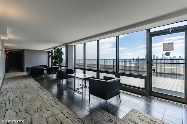 building lobby featuring a water view