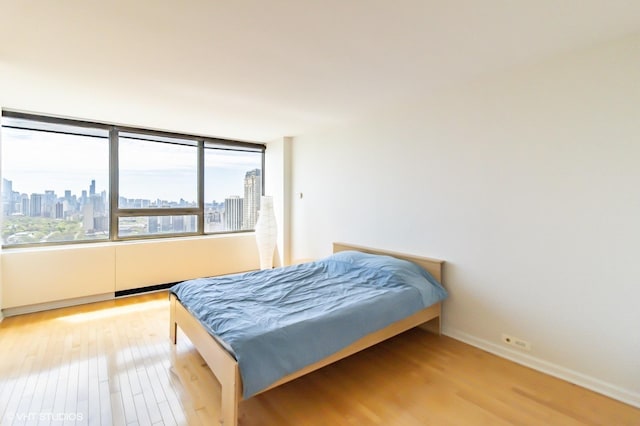 bedroom featuring a view of skyline, light wood-type flooring, and baseboards