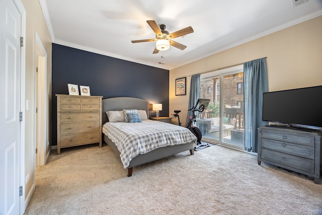 carpeted bedroom featuring access to outside, crown molding, ceiling fan, and baseboards
