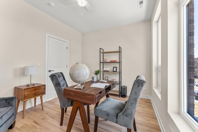 office featuring light wood-type flooring, visible vents, baseboards, and a ceiling fan