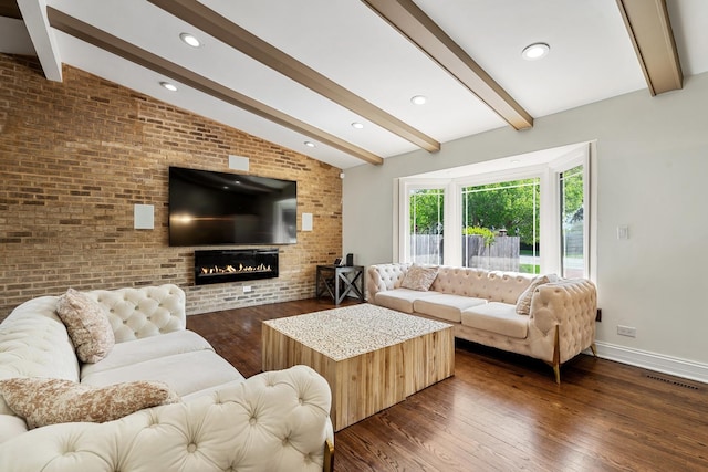 200 Marshall Dr, Des Plaines, IL 60016 - living area with dark wood-style floors, baseboards, a brick fireplace, brick wall, and recessed lighting