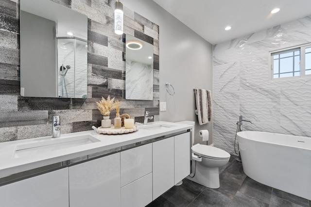 200 Marshall Dr, Des Plaines, IL 60016 - bathroom featuring tile walls, a shower stall, a freestanding bath, recessed lighting, and double vanity