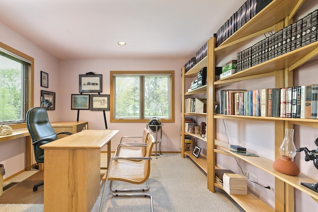 office area featuring carpet floors, baseboards, and recessed lighting