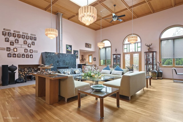 building lobby with a towering ceiling and coffered ceiling