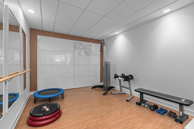 workout room with carpet flooring, recessed lighting, and baseboards