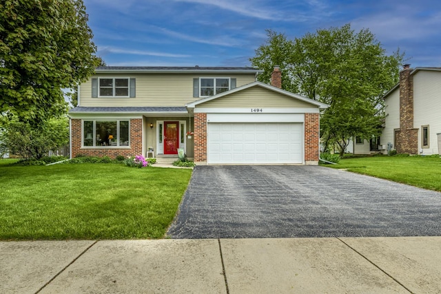 1494 Applegate Dr, Naperville, IL 60565 - traditional-style house with asphalt driveway, a garage, a front lawn, and brick siding