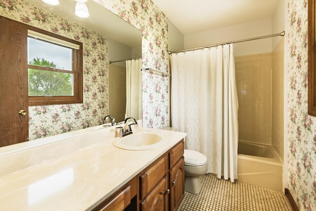 1494 Applegate Dr, Naperville, IL 60565 - bathroom featuring wallpapered walls, toilet, tile patterned floors, vanity, and shower / bathtub combination with curtain