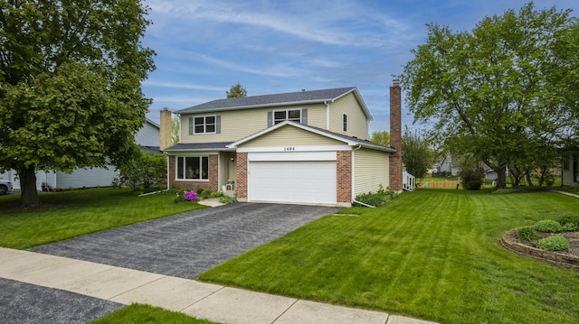 1494 Applegate Dr, Naperville, IL 60565 - traditional-style house featuring a chimney, asphalt driveway, an attached garage, and a front lawn
