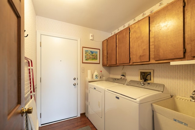 1494 Applegate Dr, Naperville, IL 60565 - washroom featuring wallpapered walls, washer and dryer, cabinet space, and dark wood-type flooring