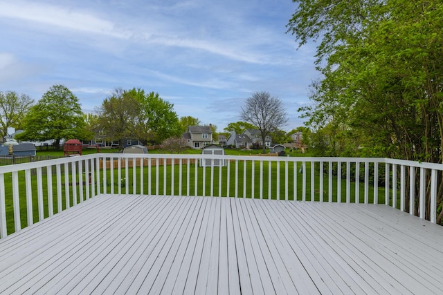 1494 Applegate Dr, Naperville, IL 60565 - wooden terrace featuring a storage shed, an outdoor structure, a yard, and a residential view