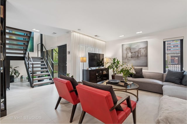 living room with stairs