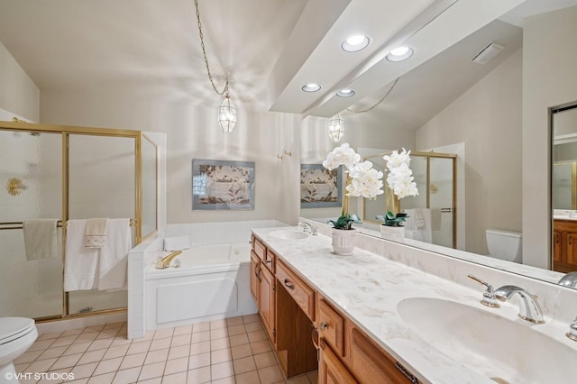 145 Princeton Ln, Glenview, IL 60026 - bathroom with toilet, recessed lighting, a stall shower, a bath, and tile patterned flooring