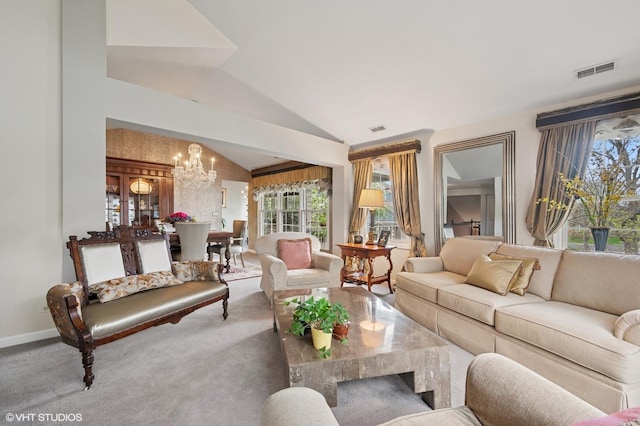 145 Princeton Ln, Glenview, IL 60026 - carpeted living area with a chandelier, vaulted ceiling, and baseboards