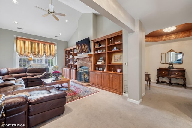 145 Princeton Ln, Glenview, IL 60026 - living area with a ceiling fan, light carpet, a brick fireplace, high vaulted ceiling, and baseboards