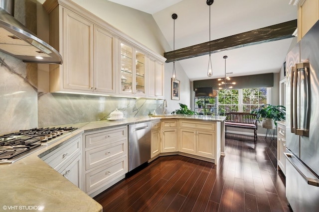 145 Princeton Ln, Glenview, IL 60026 - kitchen with appliances with stainless steel finishes, wall chimney range hood, a peninsula, dark wood-style flooring, and glass insert cabinets