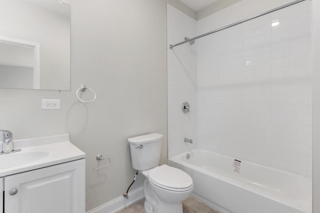 full bath featuring baseboards, toilet, shower / tub combination, and vanity