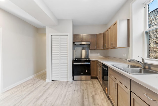 kitchen with range with electric cooktop, a sink, dishwashing machine, light wood-style flooring, and under cabinet range hood