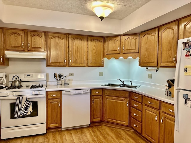 kitchen featuring brown cabinets, white appliances, under cabinet range hood, and light wood-style floors