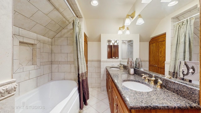 620 S Elmwood Ave, Oak Park, IL 60304 - bathroom with a sink, double vanity, shower / bathtub combination with curtain, and tile patterned floors