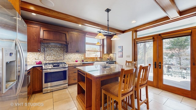 620 S Elmwood Ave, Oak Park, IL 60304 - kitchen with decorative backsplash, stainless steel appliances, french doors, and beamed ceiling