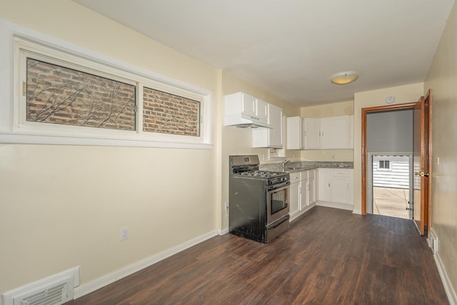 8007 S Houston Ave, Chicago, IL 60617 - kitchen featuring stainless steel range with gas cooktop, dark wood-style flooring, white cabinetry, baseboards, and a sink