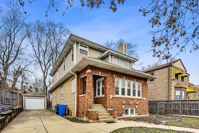 1716 W Beverly Glen Pkwy, Chicago, IL 60643 - view of front of house featuring a chimney, a detached garage, an outbuilding, fence, and brick siding