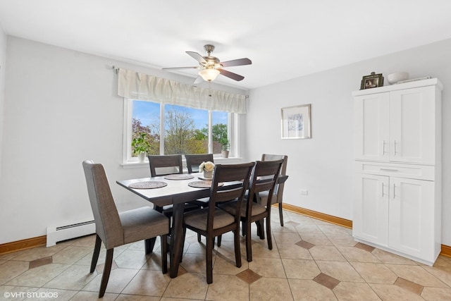 dining room with baseboard heating, ceiling fan, light tile patterned floors, and baseboards